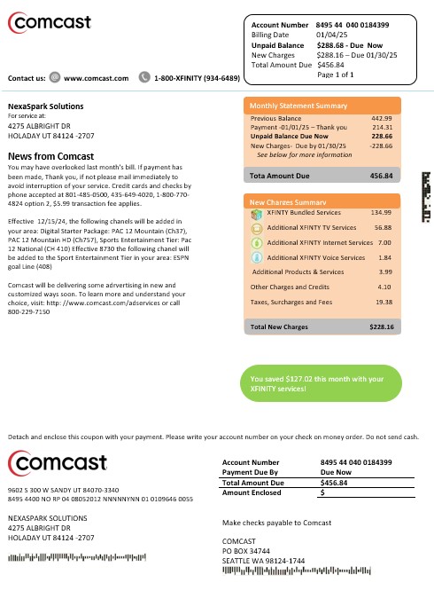 USA Utah Comcast business utility bill template in Word and PDF formats, version 2